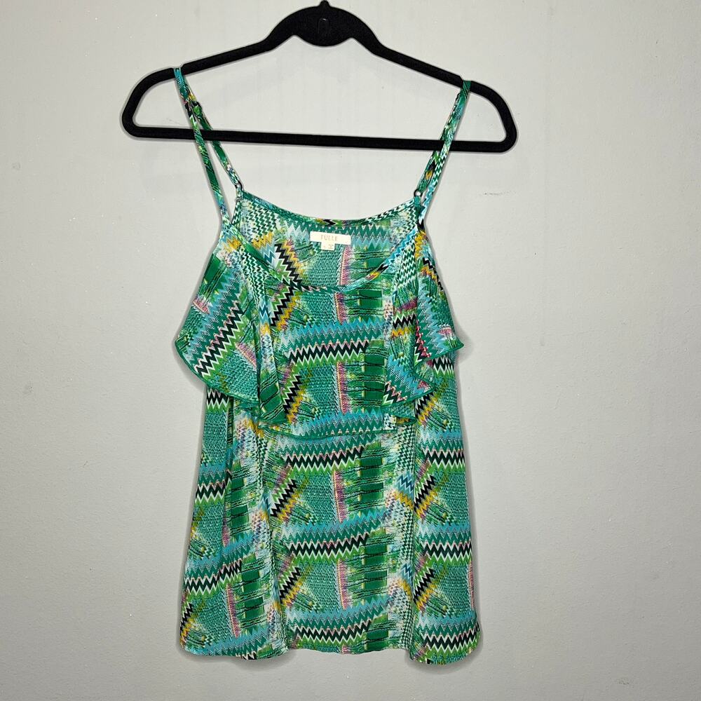 Tulle Green Geometric‎ Print Ruffle Tank Size Small - Picture 2 of 5
